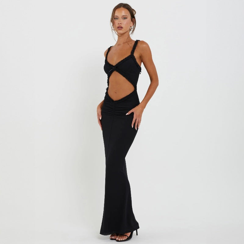 Suspender Wooden Ear Collarless Cropped Slim Fit Jumpsuit Maxi