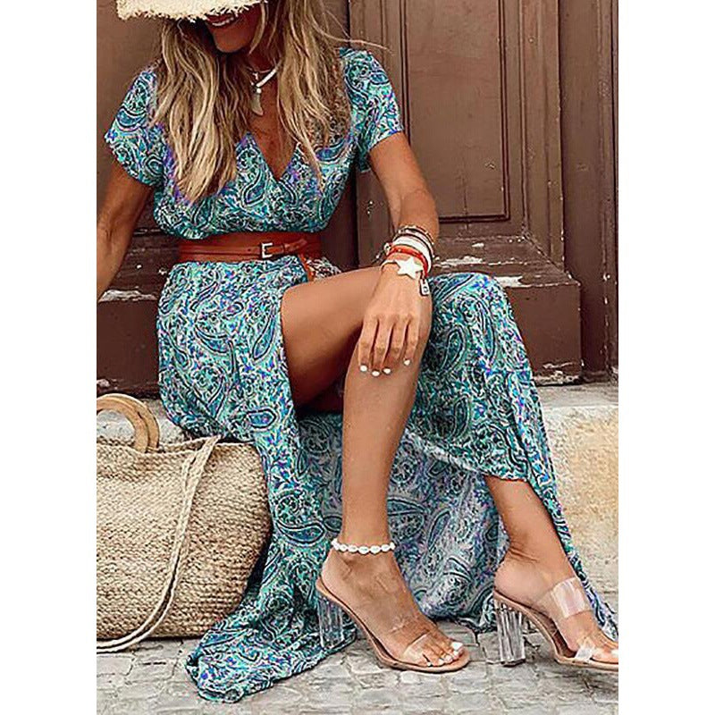 Paisley Print Deep V-Neck Short Sleeve High Slit Flowy Maxi Dress