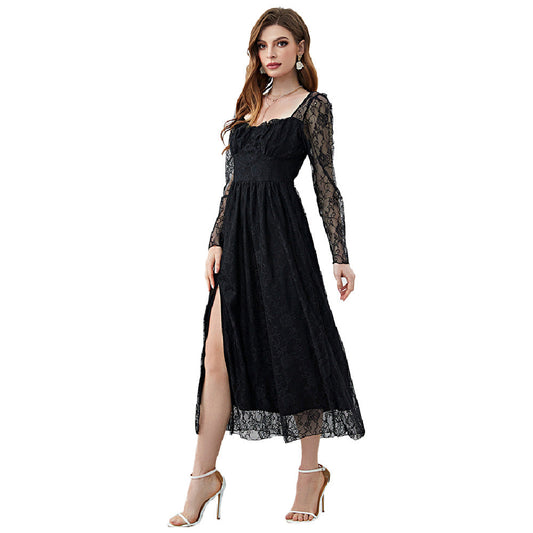 Lace Square Collar High Slit Dress