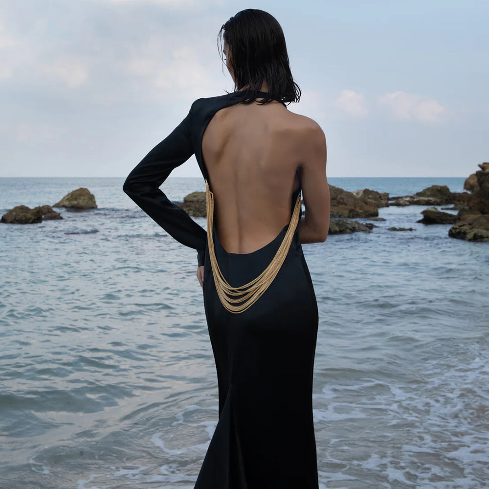 Black One Shoulder Backless Snake Bone Chain Maxi Dress Dress