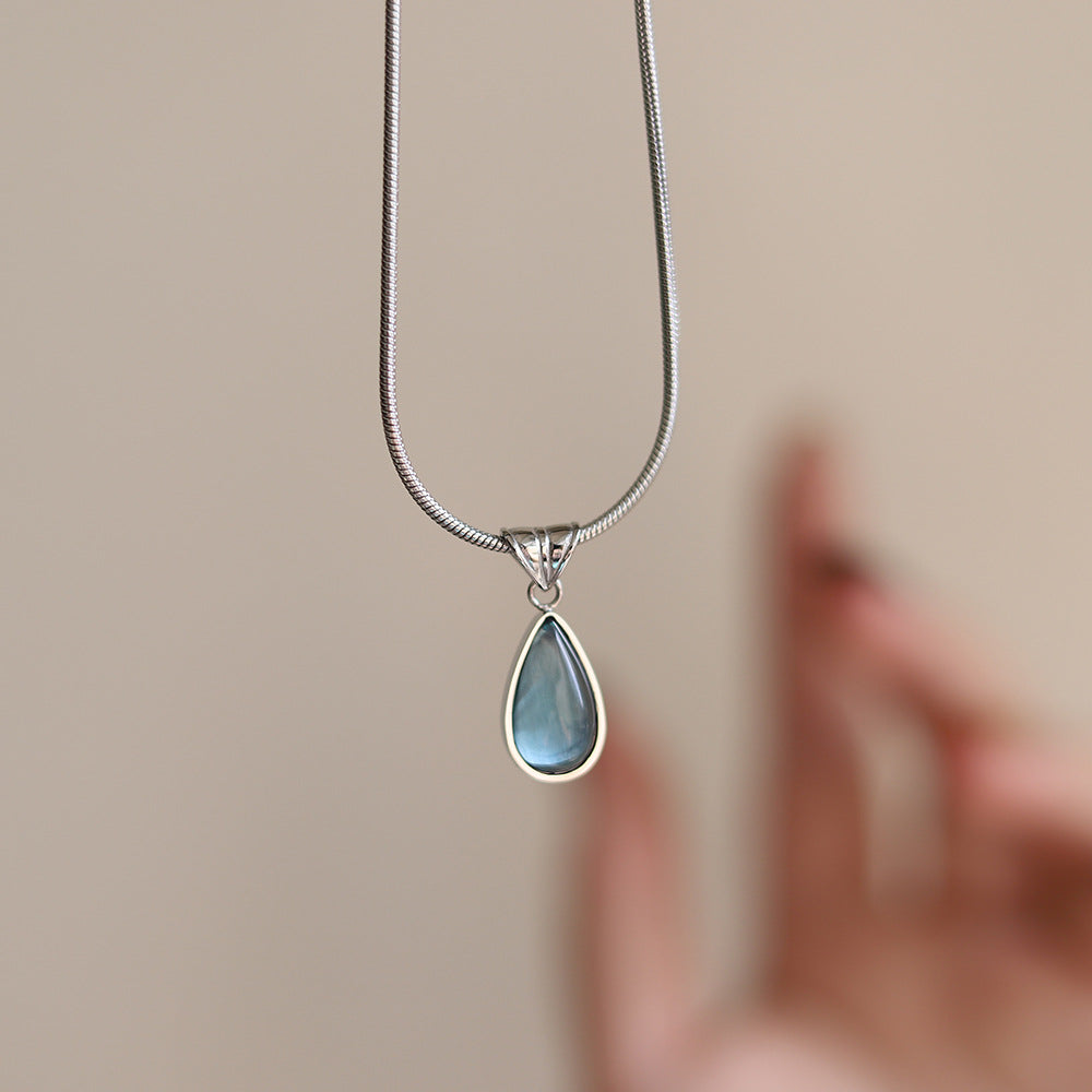 Aqua Teardrop Pendant Titanium Steel Gold Plated Necklace