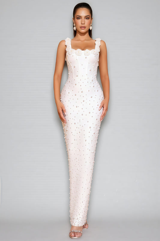 Maba White 3D Floral Maxi Dress