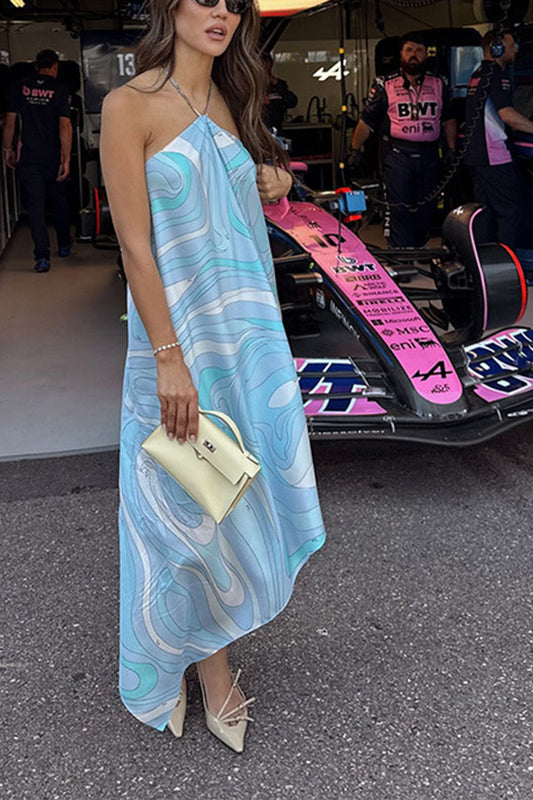 Elmhurst Satin Unique Print Chain Halter Draped Scarf Midi Dress