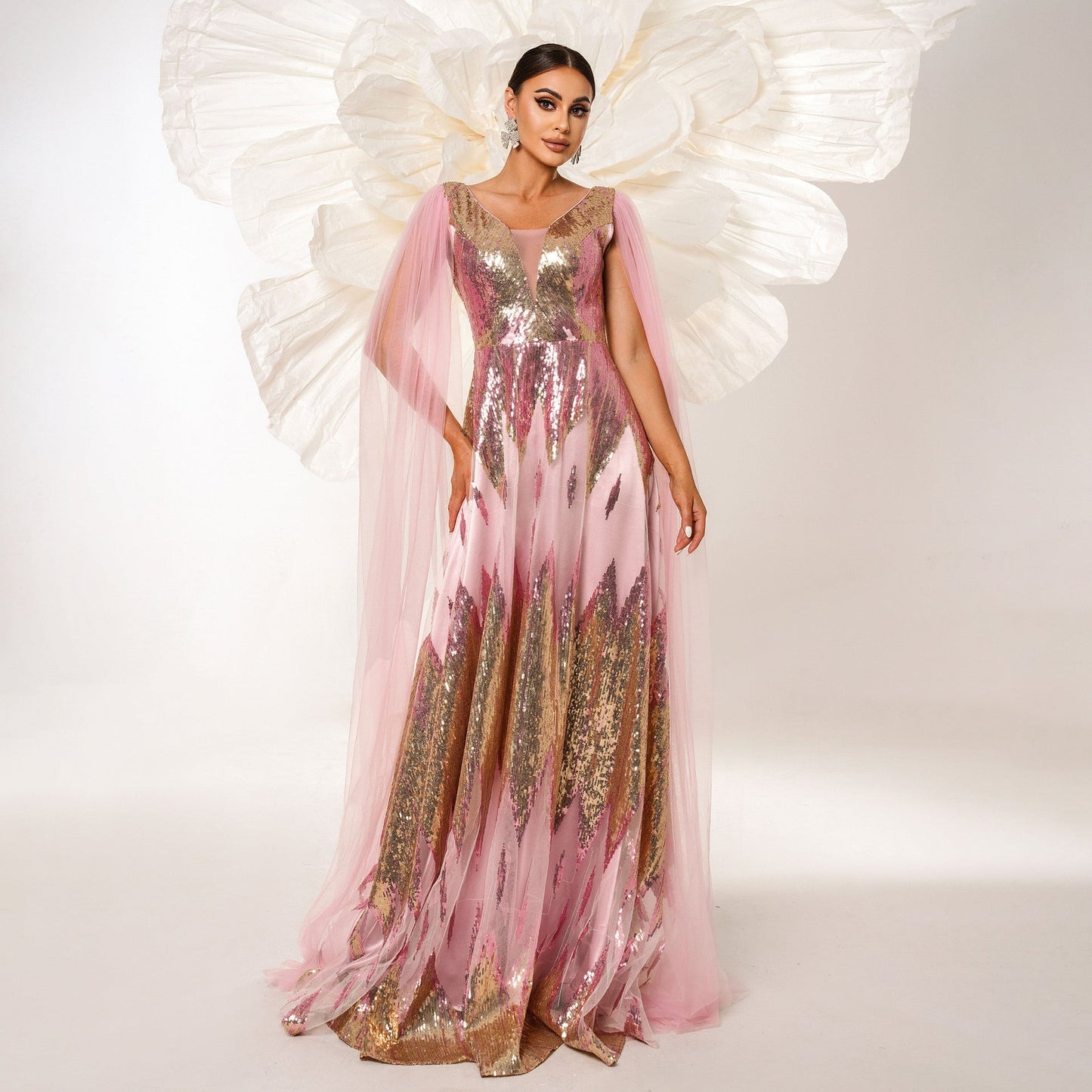 High Grade Mesh Long Sleeved V neck Sequined Large Swing Evening Dress Bridesmaid Dress