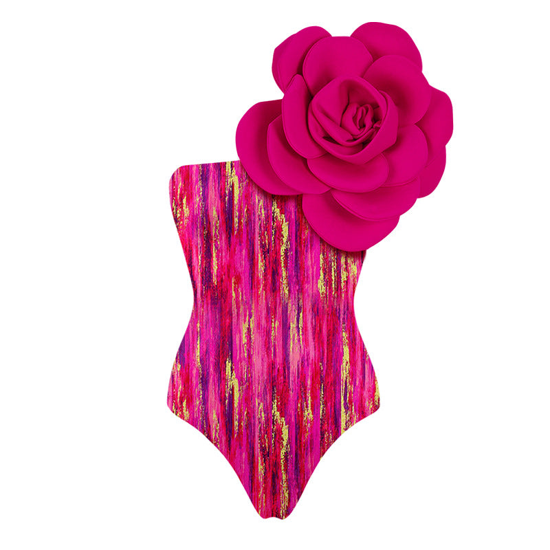 Rose Flame One-Shoulder Swimsuit - Rose Red