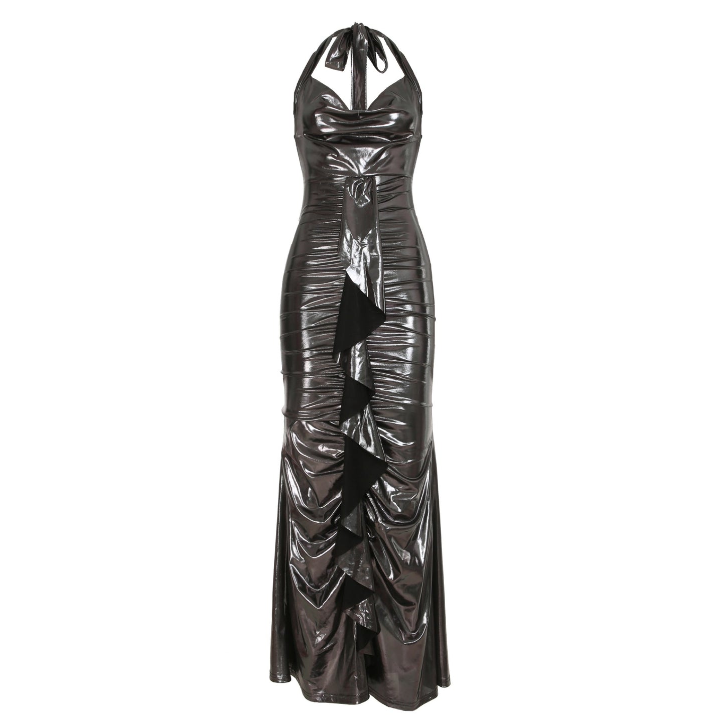 Elegant Glossy Backless Lace up Swing Collar Slim Fit Sheath Mop Dress