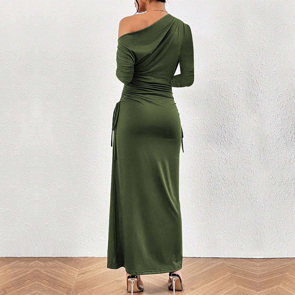 French Diagonal Collar Unique Design High Waist Dress