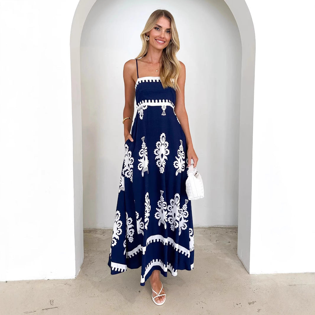 Cami Dress Positioning Printed Waist Controlled Large Swing Corset Sling Dress