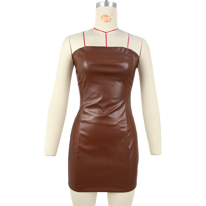Popular Tube Top Faux Leather Sheath Dress
