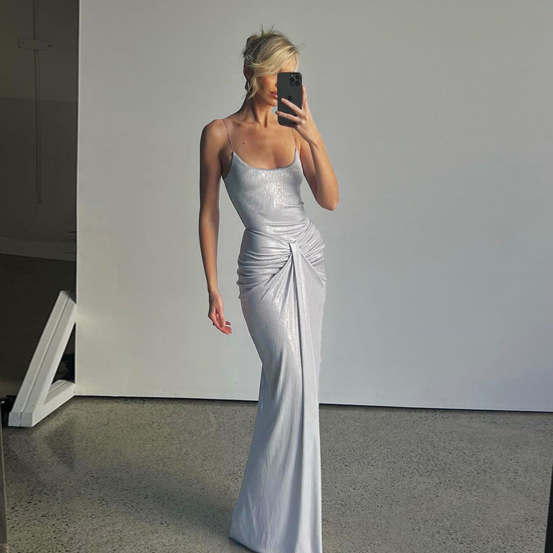 Adult Lady like Woman Crumpled Twisted Tight Waist Tall Slim Long Sling Dress