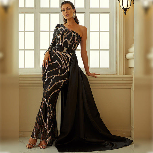 High End Banquet off Shoulder Sheath Small Tail Bridesmaid Dress Evening Dress