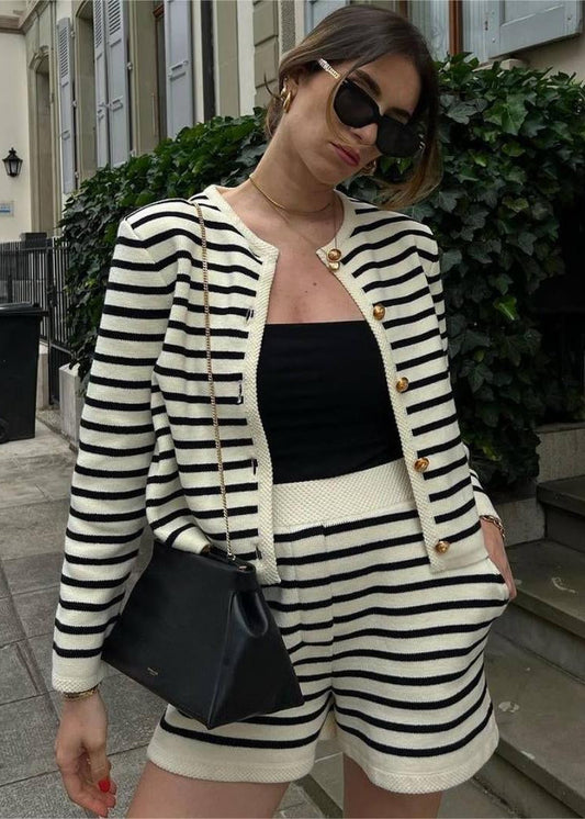 Marseille Knit Set Striped Cardigan & High-Waisted Shorts