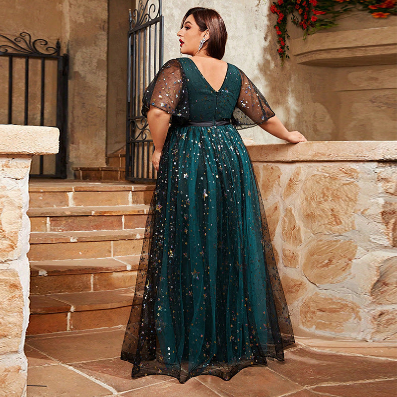 Plus Size Evening Dress Shiny Crystal Puff Sleeve V neck Swing Fairy Evening Dress Super Fairy Dress