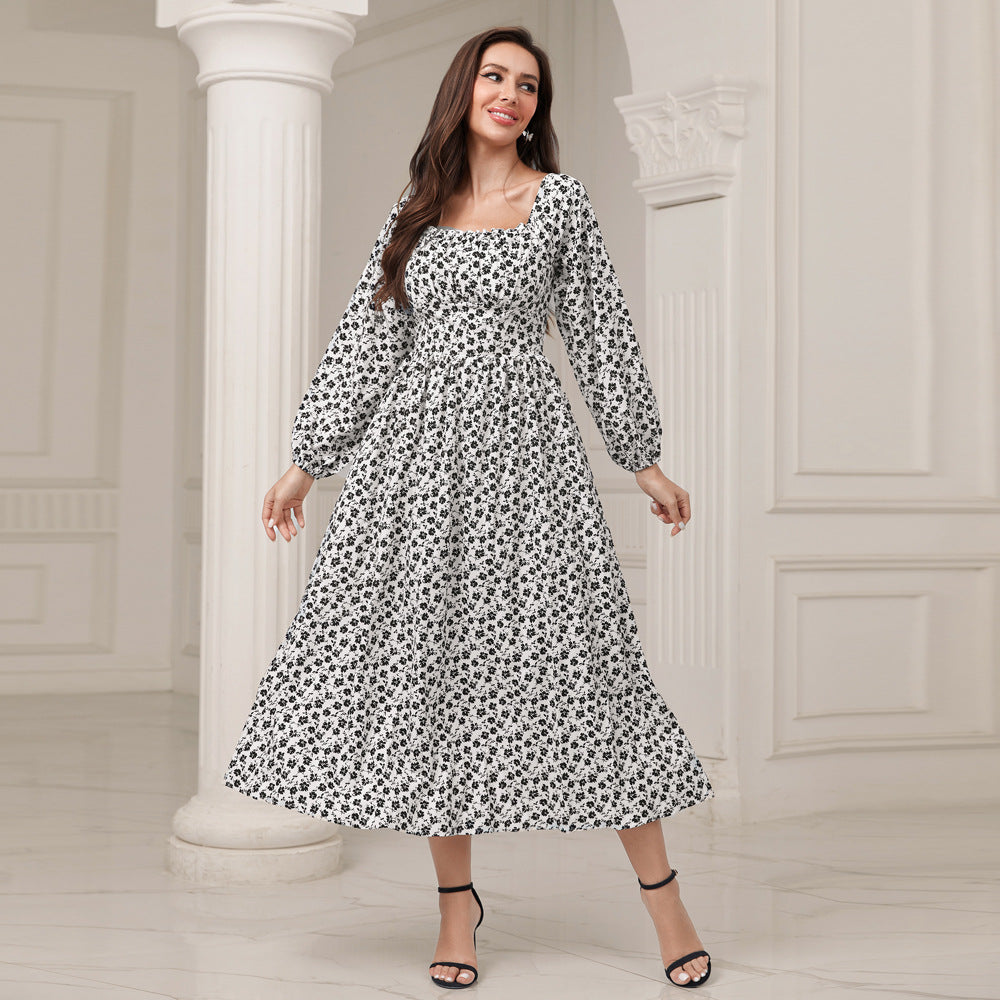 Elegant Party Casual Square Collar High Waist Floral Dress