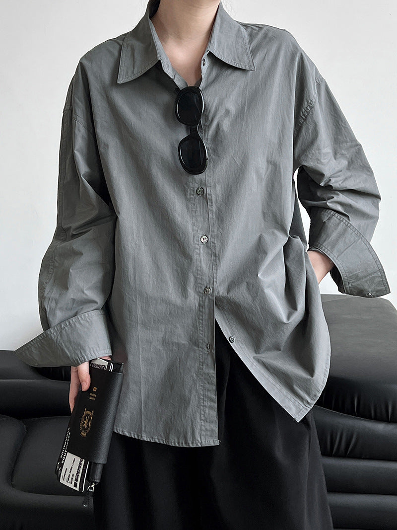 Minimalist All Match Cotton Long-Sleeved Shirt Bandage Dress Polo Collar Top Coat