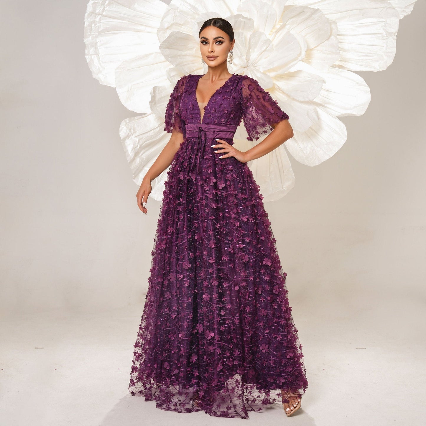 High End Short Sleeved Elegant V Neck Long Cocktail Evening Dress Bridesmaid Dress Mesh Large Swing