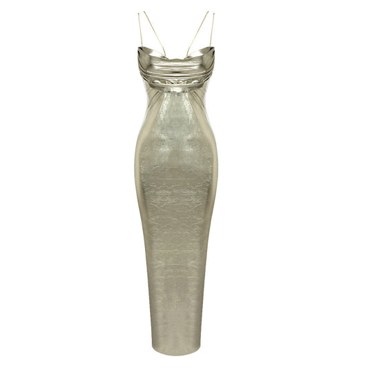 Metallic Coated Fabric Bronzing Color Sling Backless Dress Texture Pile Collar Strapless Dress Backless Nightclub