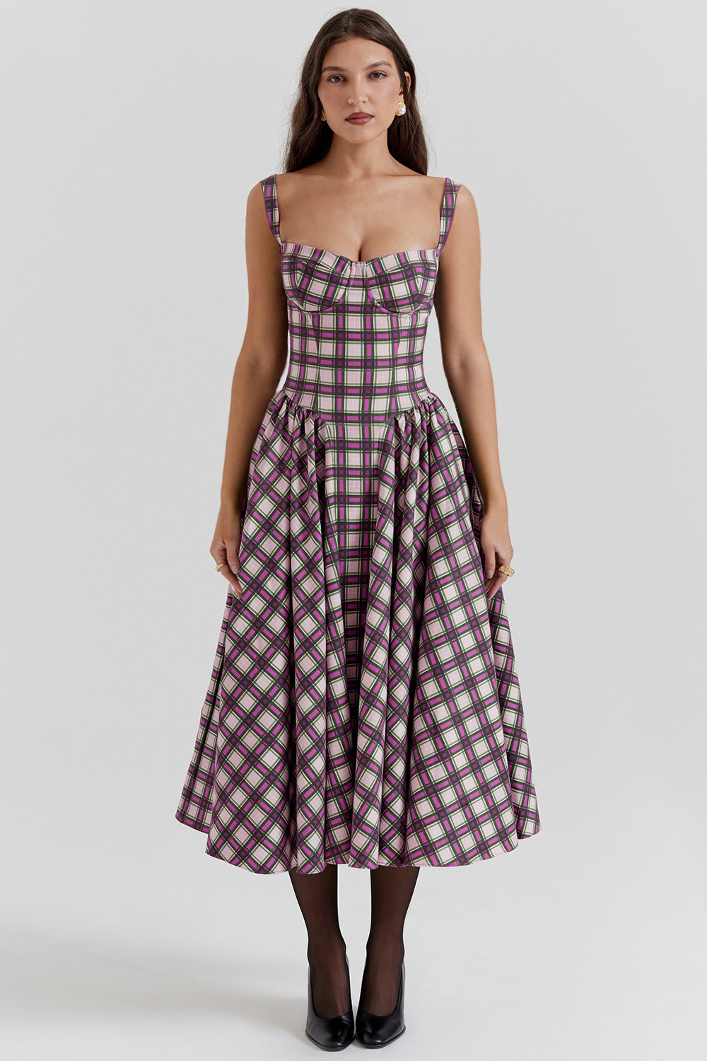 European Girl U Neck Plaid Sling Slim Waist Retro Big Swing