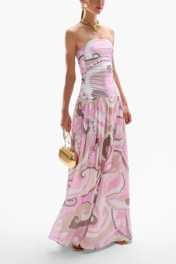 Gorgeous Pastels Unique Print Off Shoulder Low Rise Loose Maxi Dress