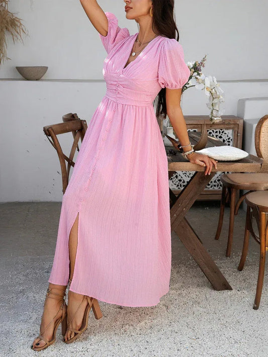 Ruched Pink Midi Summer Dress Puff Sleeve