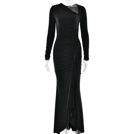 Elegant Slim Dress Diagonal Collar Long Sleeve Pleated Bright Silk Dress