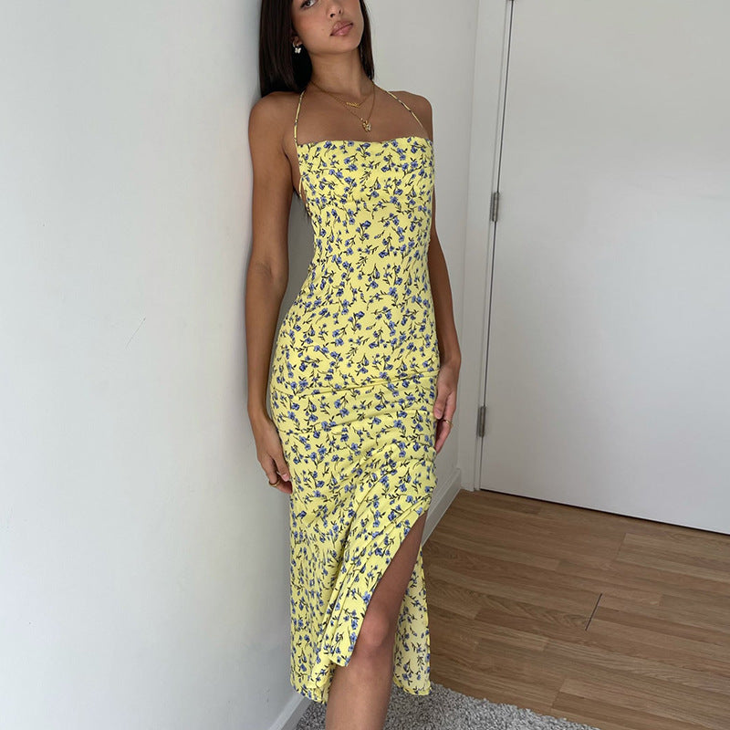 Ditsy Floral Print Halter Neck Tie-Front Ruched High-Slit Maxi Dress