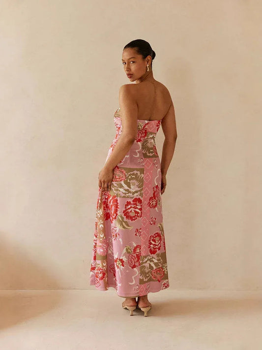 Pink floral strapless linen maxi dress