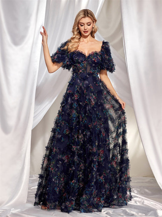 Evening Wear High Grade Floral U Neck Evening Dress Short Sleeve Slim Fit Party Cocktail