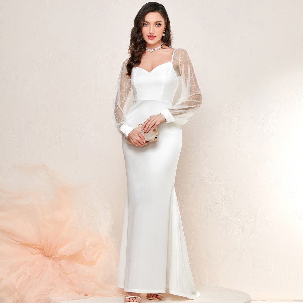 French Elegant Mesh Stitching Sleeves Fishtail Dress Gift