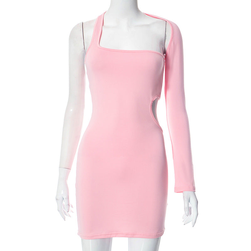 One Shoulder Long Sleeve Hollow Out Cutout Sheath Dress