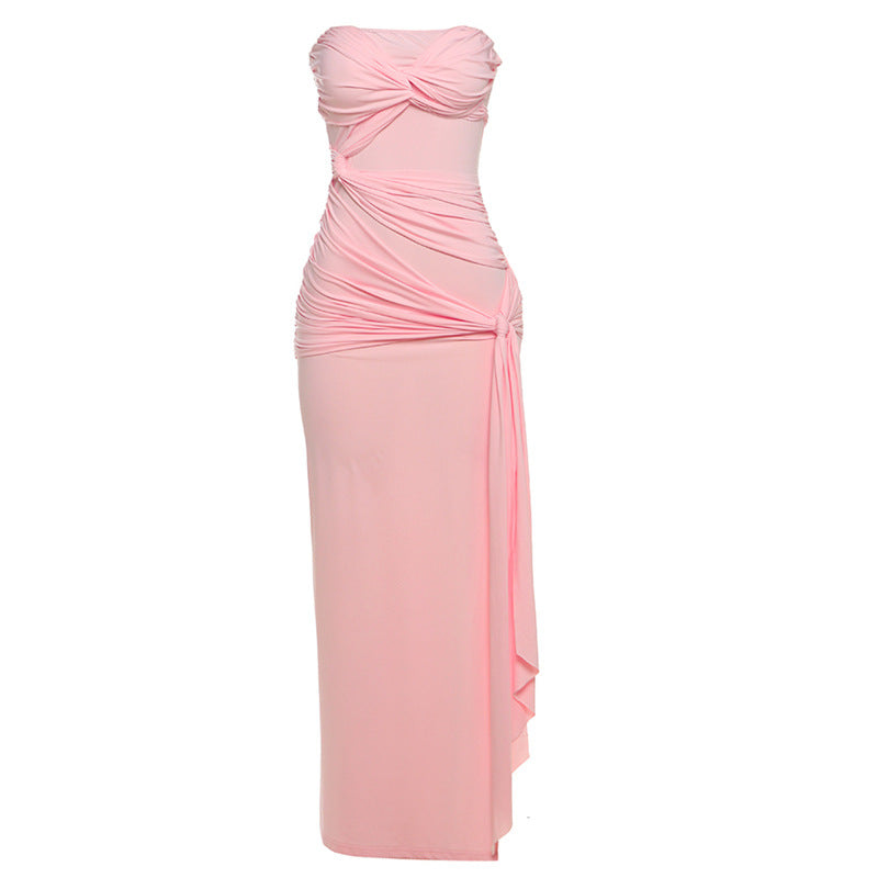 Strapless Twisted Knot Ruched Mesh Panel Draped Side Slit Maxi Dress