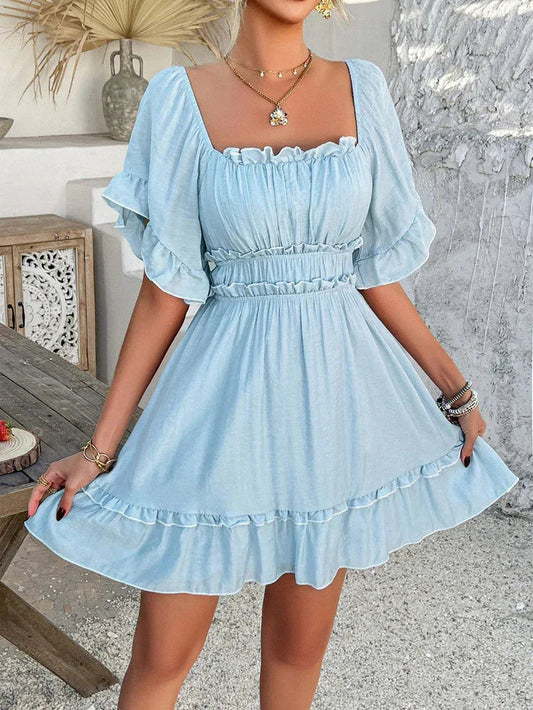 Light Blue Ruffle Mini Dress Off Shoulder Summer Dress