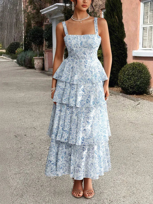 Tiered Chiffon Maxi Dress Blue Floral Ruffle Summer Outfit