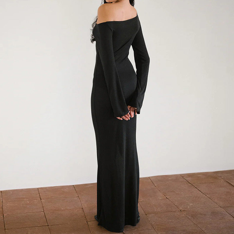 Elegant Oblique Shoulder Long Sleeve Solid Color Formal Dress