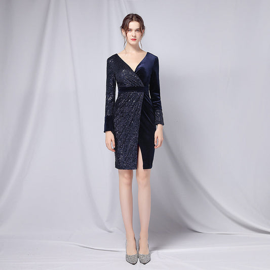 Korean Velvet Polyester Sequin Evening Dress Black Velvet Slimming Fishtail Dress Cocktail Short Length