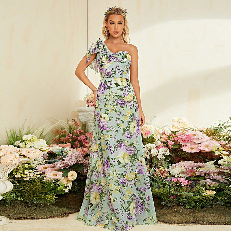 Printed Sleeveless Fitted Waist Backless One Shoulder Dress