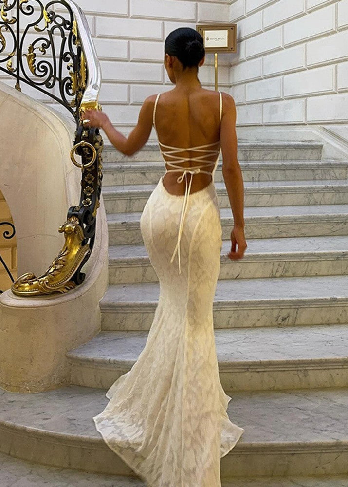 Jacquard Lace Pattern Square Neck Spaghetti Strap Side Tie Trumpet Maxi Gown