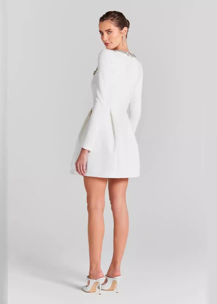 Crystal Embellished Square Neck Padded Shoulder Structured Mini Dress