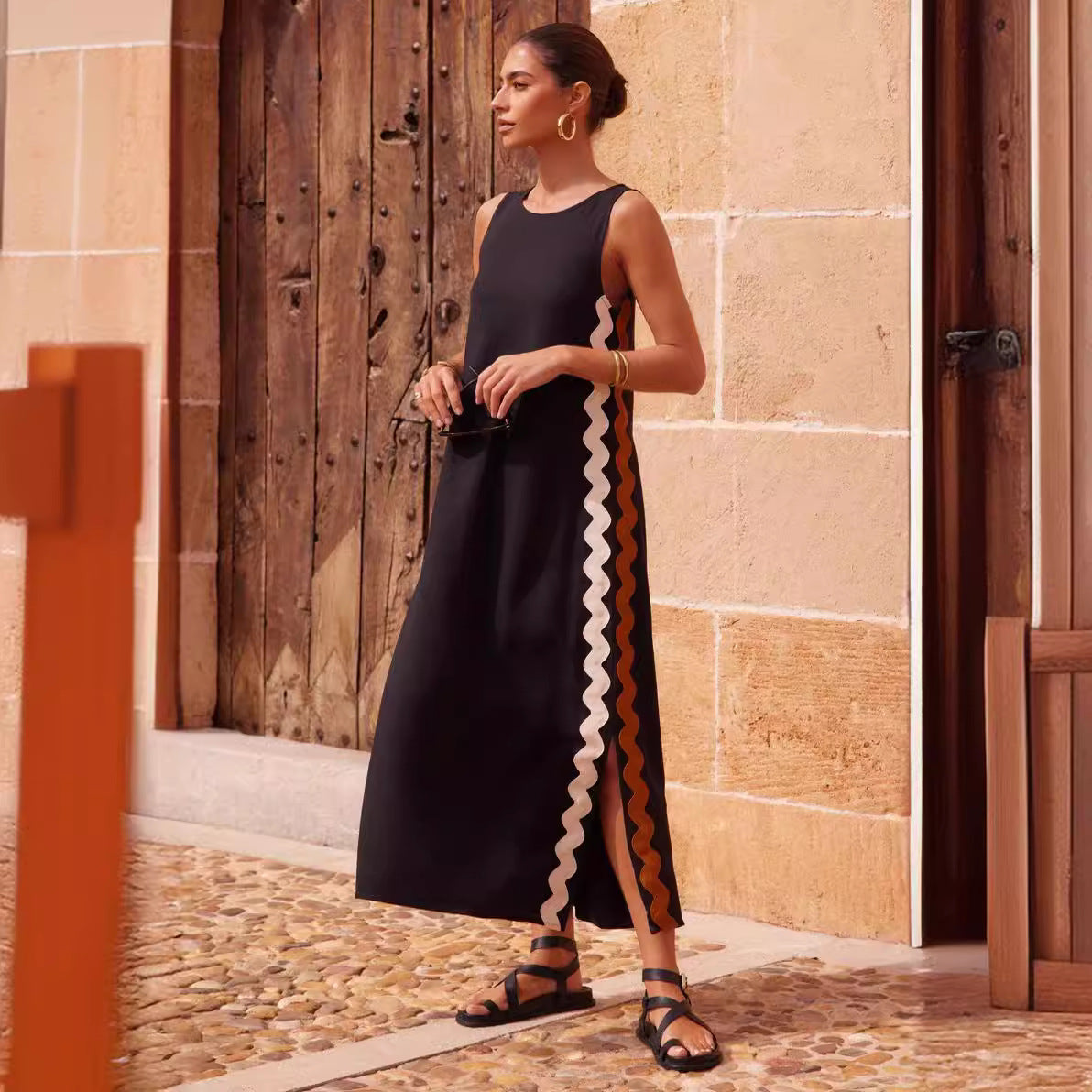 Crew Neck Sleeveless Scalloped Ric Rac Trim Side Slit Maxi Dress