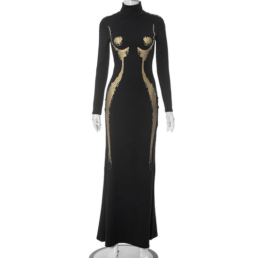 Printed Long Sleeve High Waist Dress