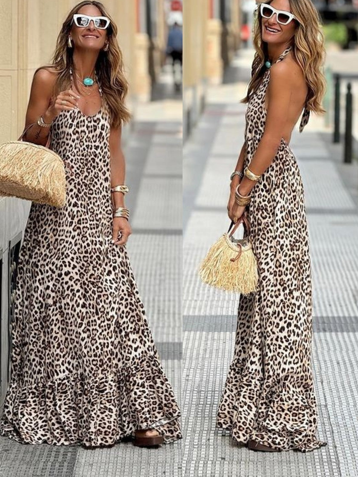 Print Halter Neck Tiered Ruffle Hem Flowy Maxi Dress