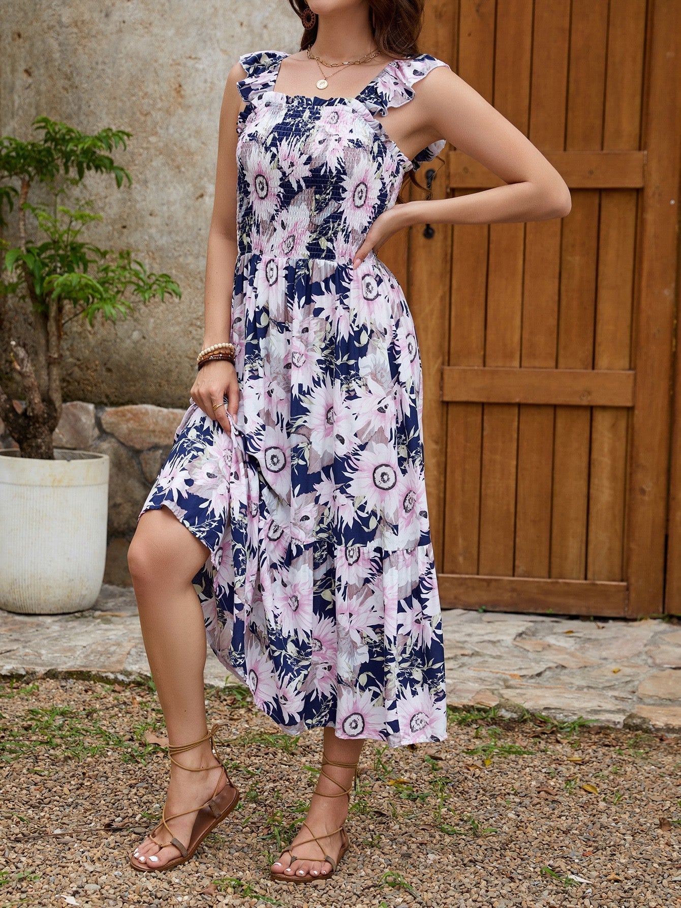 Large Floral Print Square Neck Smocked Bodice Ruffle Strap Tiered Midi Dress