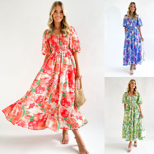 Arrival Printed Square Collar Short Sleeve Waist Controlled Large Swing Dress for