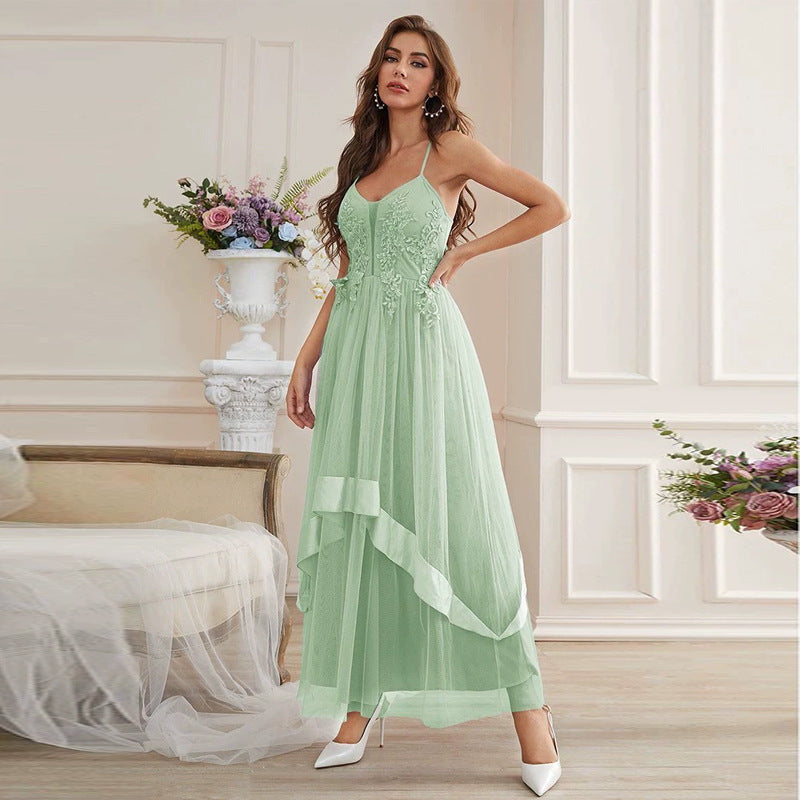 V Neck Spaghetti Strap Floral Lace Applique Tulle Tiered Asymmetrical Maxi Gown