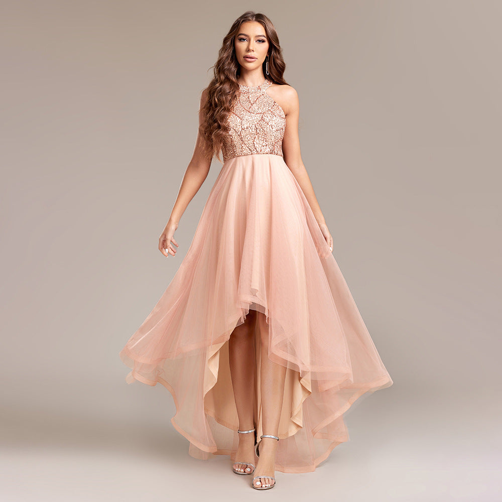Heavy Industry Halter Sequin Stitching Multi Layer Mesh Sleeveless Irregular Asymmetric Hem Pettidress Ball Gown Organza