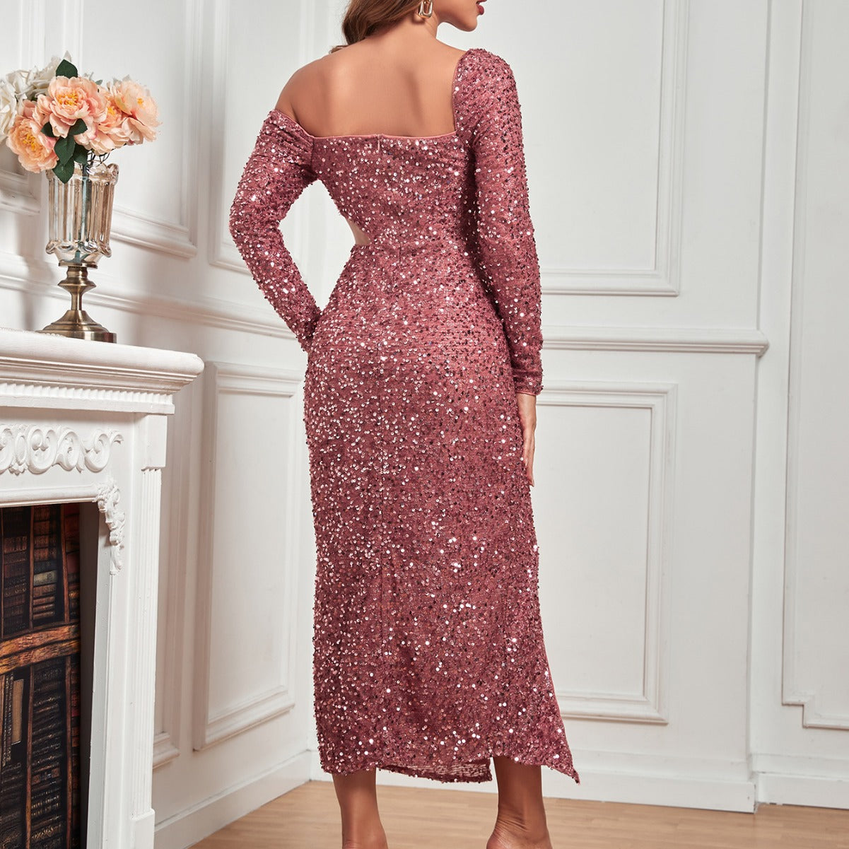 Popular Square Collar Off Shoulder Dress Slim Sequined Evening