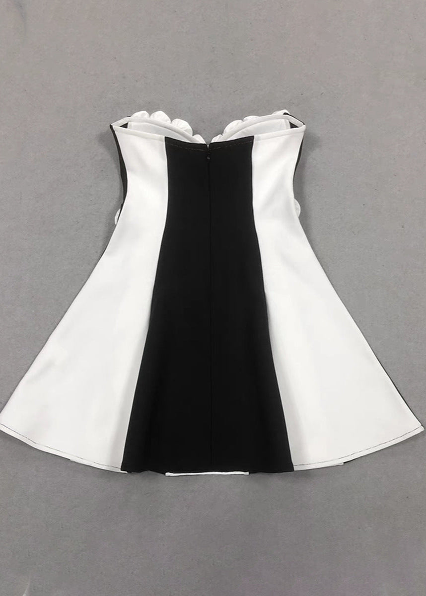 Monet Strapless Rosette Mini Dress Black & White Sculpted Fit-and-Flare