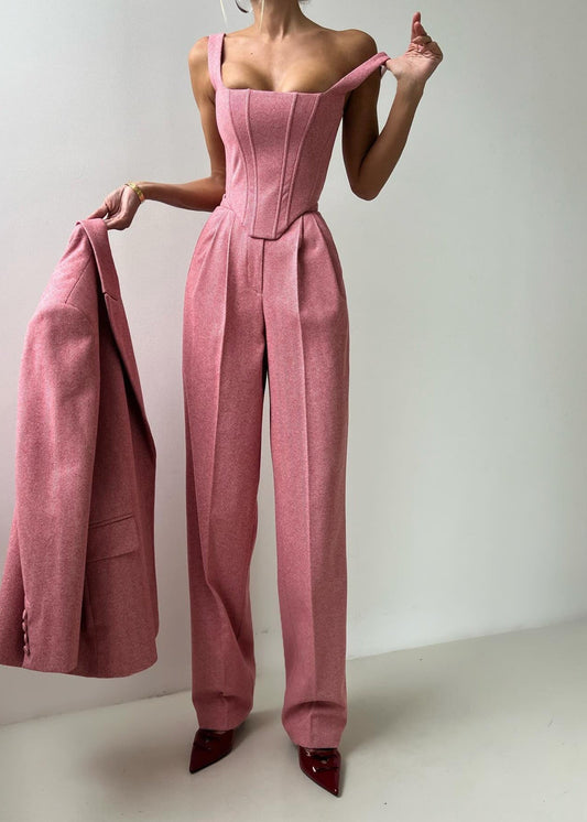 Rosé Herringbone Blazer and Corset Jumpsuit Set – Modern Two-Piece Suit for Women