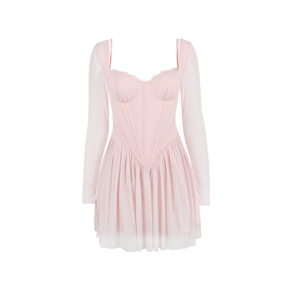 Mesh Long Sleeve Lace Stitching Boning Corset French Dress Barbie Cos Pink
