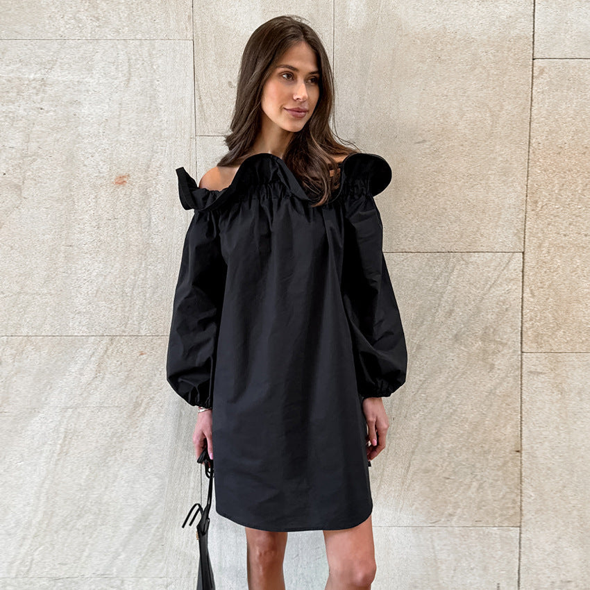 Loose Comfortable off Shoulder Long Sleeve Solid Color Homewear Cotton Simple Casual Nightdress